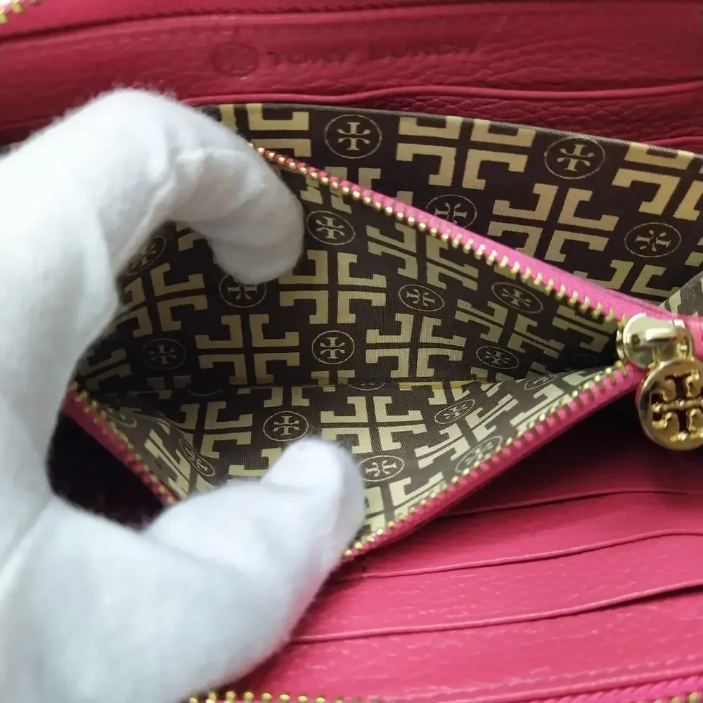 Tory Burch Pink Pebbled Leather Zip Around Credit Card Wallet